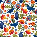 Seamless pattern with raven, symbols of the heart and flowers. Background with flat shapes in blue, green, red, orange and yellow