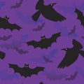 Seamless pattern with bats and creepy crows on purple background, silhouette vector stock illustration with halloween monsters as Royalty Free Stock Photo