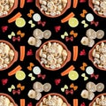 Seamless pattern with raw fresh mushrooms in a saucepan and cooking ingredients on a black square background