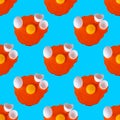 Seamless pattern raw orange eggs, yellow yolk, white eggshell on blue background isolated, repeat ornament backdrop, Easter banner
