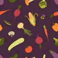 Seamless pattern with raw vegetables and mushrooms on black background. Backdrop with delicious fresh veggie food