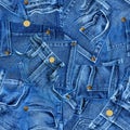 Seamless pattern of real blue denim pants. Jeans patchwork texture with gold buttons and rivets. Template with web banner, poster Royalty Free Stock Photo