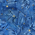 Seamless pattern of real blue denim pants. Jeans patchwork texture with gold buttons and rivets. Template with web banner, poster