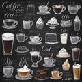 Seamless pattern of realistic and artistic illustrations of coffee beans, brewing equipment, coffee cups for background or Royalty Free Stock Photo