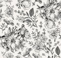 Seamless pattern flowers Vintage background chamomile rosehip dogrose wildflowers Wallpaper Drawing engraving Vector Illustration Royalty Free Stock Photo