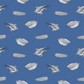 Seamless pattern with realistic cobs of sweet corn hand drawn with contour lines on blue background. Backdrop with fresh