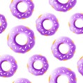 Seamless Pattern of realistic 3d render violet, purple donuts. Raster illustration on white background.