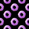 Seamless Pattern of realistic 3d render violet donuts. Vector illustration isolated on black background. Royalty Free Stock Photo