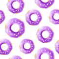 Seamless Pattern of realistic 3d render violet, purple donuts. Vector illustration isolated on black background. Royalty Free Stock Photo