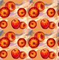 Seamless pattern with realistic drawn red apples on light orange background