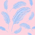 Seamless pattern, realistic feather. Blue elements on pink background. Elegant feather