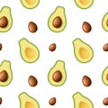 Seamless pattern of realistic green avocado for healthy eating. 3d render. Sliced avocado in half with pip. Raster