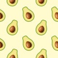 Seamless pattern of realistic green avocado for healthy eating. 3d render. Sliced avocado in half with pip. Raster