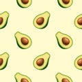 Seamless pattern of realistic green avocado for healthy eating. 3d render. Sliced avocado in half with pip. Vector