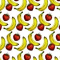 Seamless pattern of realistic image of delicious ripe strawberries banana watercolor