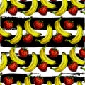 Seamless pattern of realistic image of delicious ripe strawberries banana watercolor