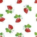 Seamless pattern of realistic image of delicious ripe strawberries with flowers