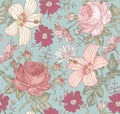 Seamless pattern. Realistic isolated flowers. Vintage background. Chamomile Rose hibiscus mallow wildflowers.