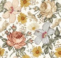Seamless pattern. Realistic isolated flowers. Vintage background. Chamomile Rose hibiscus mallow wildflowers. Royalty Free Stock Photo