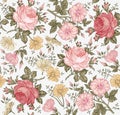 Seamless pattern. Realistic isolated flowers. Vintage background. Chamomile Rose Petunia wildflowers Drawing engraving Vector