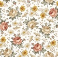 Seamless pattern realistic isolated flowers Vintage background Chamomile Rose Drawing engraving Vector fabric illustration Daisies Royalty Free Stock Photo