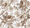 Seamless pattern. Realistic isolated flowers. Vintage background. Chamomile Rose hibiscus mallow. Wallpaper. Drawing engraving. Royalty Free Stock Photo