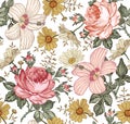 Seamless pattern. Realistic isolated flowers. Vintage background. Chamomile Rose hibiscus mallow. Wallpaper. Drawing engraving.