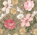 Seamless pattern. Realistic isolated flowers. Vintage background. Chamomile Rose hibiscus mallow. Wallpaper. Drawing engraving.