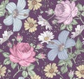 Seamless pattern. Realistic isolated flowers. Vintage background. Chamomile Rose hibiscus mallow wildflowers.