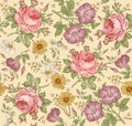 Seamless pattern realistic isolated flowers Vintage background Chamomile Rose Petunia Drawing engraving Vector fabric illustration Royalty Free Stock Photo