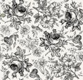 Seamless pattern. Realistic isolated flowers. Vintage background. Chamomile Rose Petunia wildflowers Drawing engraving Vector Royalty Free Stock Photo