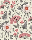 Seamless pattern realistic isolated flowers Vintage background Fern Hibiscus Wallpaper Drawing engraving Vector illustration Royalty Free Stock Photo