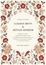 Wedding thanks invitation. Beautiful realistic flowers heliotrope card. Frame Petunia. Vector engraving victorian Illustration