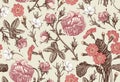 Seamless pattern. Realistic isolated flowers. Vintage background. Rose primrose Primula Wallpaper. Drawing engraving. Royalty Free Stock Photo