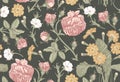 Seamless pattern. Realistic isolated flowers. Vintage background. Rose primrose Primula Wallpaper. Drawing engraving.