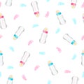 Seamless pattern from realistic pink and blue baby bottles, foot Royalty Free Stock Photo