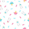 Seamless pattern from realistic pink and blue pacifiers, baby bo Royalty Free Stock Photo