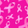 Seamless pattern with realistic pink ribbons on pink background. Breast cancer awareness symbol in october. Template for