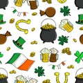 Seamless pattern with realistic Saint Patrick\'s day elements: green clover, Ireland flag, string with flags, bag with money,