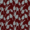 Seamless pattern with realistically painted ink Muscari flowers. Hand drawn illustration on burgundy background modified