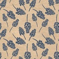 Seamless pattern with realistically painted ink Muscari flowers. Hand drawn illustration on paper textured background