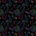 Seamless Pattern of rebecca purple, june bud, orange peel color rose and tulip flower with amazon and green blue crayola color