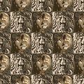 Seamless pattern of rectangular sculptures of growling lions heads