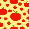 Seamless pattern. Red apple. Green leaf. Yellow background. Vegan or vegetarian. Healthy lifestyle. Nature and ecology. Royalty Free Stock Photo