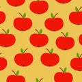 Seamless pattern. Red apple. Green leaf. Yellow background. Vegan or vegetarian. Healthy lifestyle. Nature and ecology. Royalty Free Stock Photo