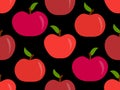 Seamless pattern with red apples on a black background. Red apple with one leaf. Design for printing on fabric, banners and