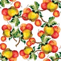 Seamless pattern with red apples and leaves. Vector illustration.