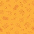 Seamless pattern of red autumn leaves on yellow background. Line art design. Doodle style. Background for nature, eco Royalty Free Stock Photo