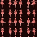 Seamless pattern red ballerinas in a shuttlecock dress dancing in different poses on a dark red background cartoon