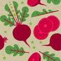 Seamless pattern. Red beetroot, leaves and flowers on shabby background. Sliced and half of beetroot. Royalty Free Stock Photo